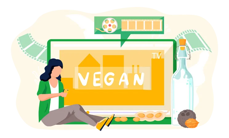 Woman with smartphone about Vegan milk  Illustration