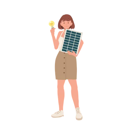 Woman with solar cell panel and light bulb to show clean energy  Illustration