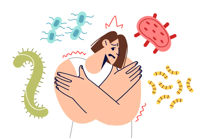 Woman with weak immunity stands among bacteria and viruses or worms and needs vitamins  Illustration