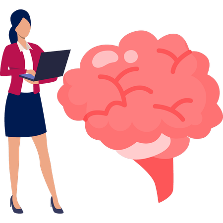 Woman working human brain on laptop  Illustration