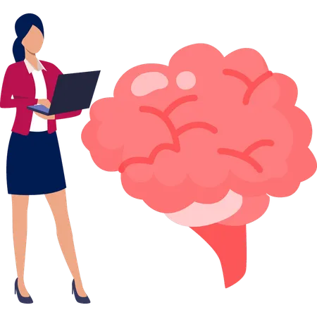 Woman working human brain on laptop  Illustration