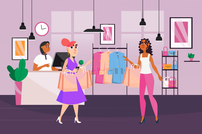 Women doing shopping at store  Illustration