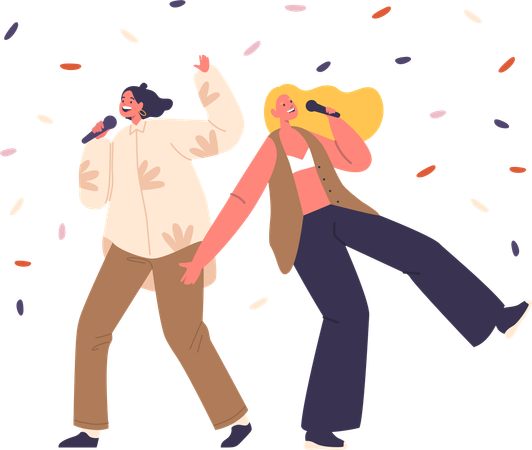 Women passionately sing karaoke  Illustration