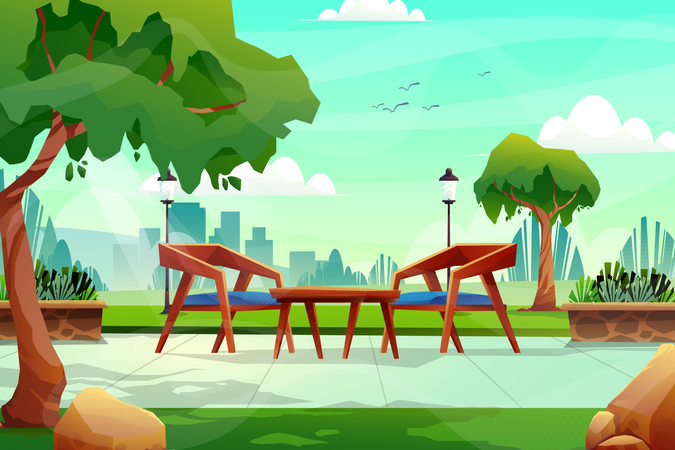 Wooden chair and table in nature park  Illustration