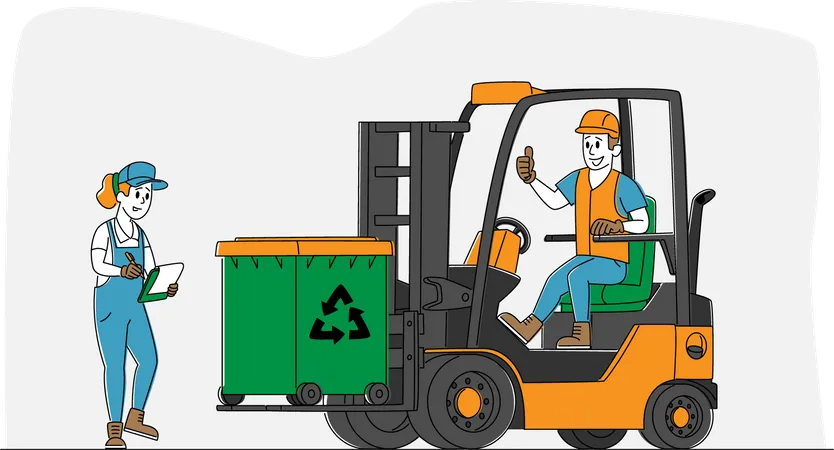 Worker Character Driving Forklift Truck with Garbage for Waste Processing. Technological Process. Recycling and Storage of Trash for Further Disposal. Manufacturing. Linear People Vector Illustration  Illustration