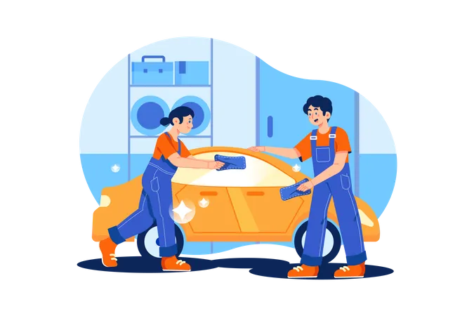 Worker cleaning car  Illustration