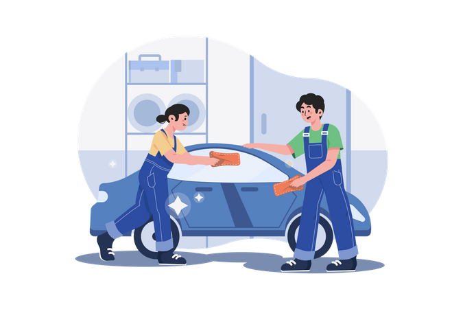 Worker cleaning car  Illustration