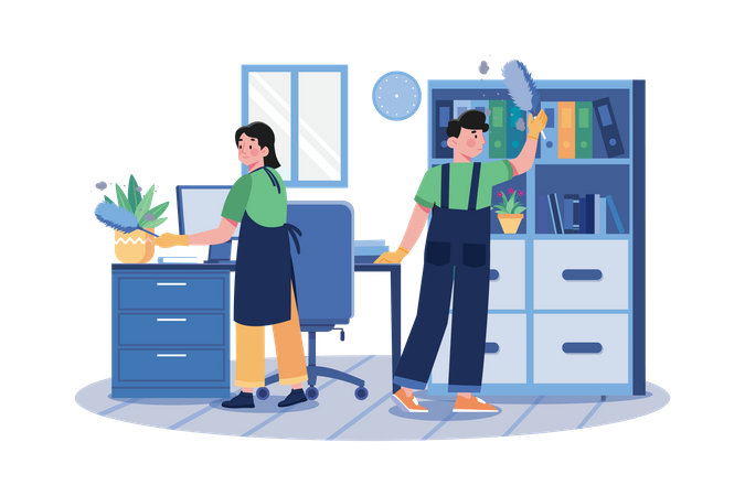 Worker Cleaning The Office With A Feather Brush  Illustration