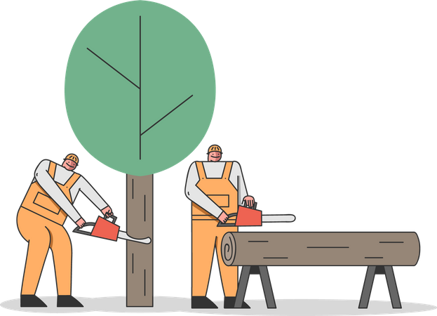 Worker cutting tree and collecting logs  Illustration