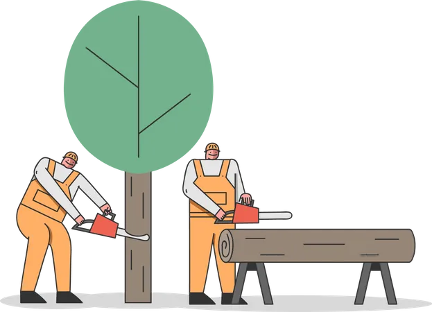 Worker cutting tree and collecting logs  Illustration