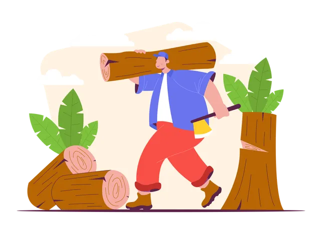 Worker cutting tree and collecting logs  Illustration