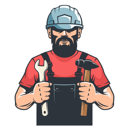 Worker in hard hat mechanic holds hammer and spanner  イラスト