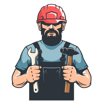 Worker in hard hat mechanic holds hammer and spanner  イラスト