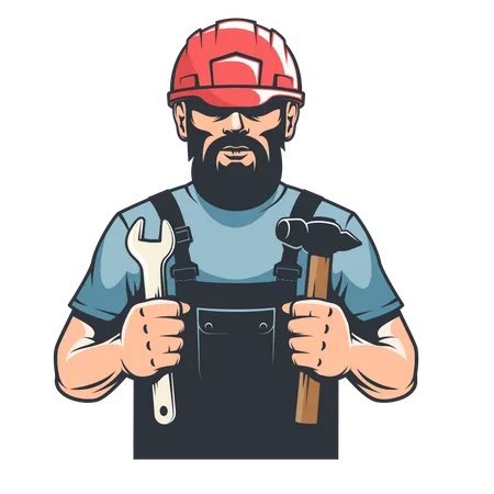 Worker in hard hat mechanic holds hammer and spanner  イラスト