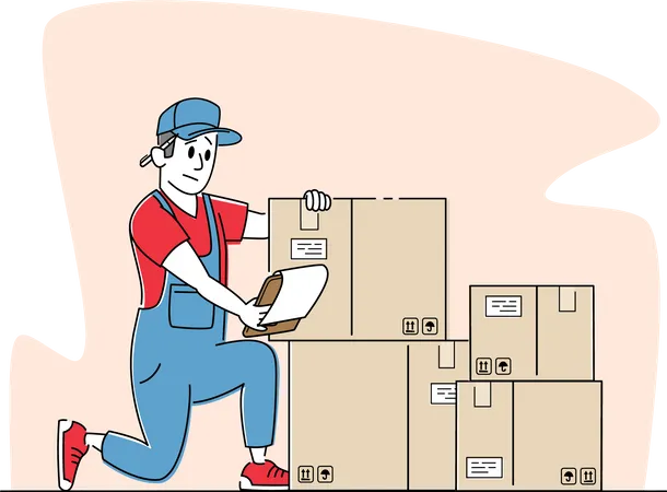 Worker in Warehouse with Boxes Checking List of Goods for Distribution  Illustration