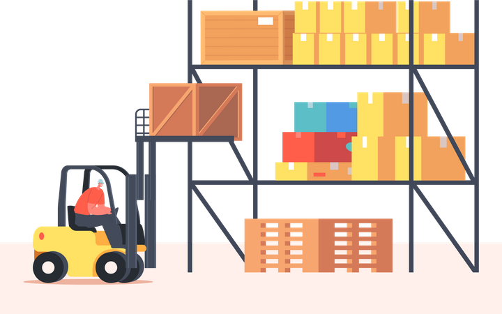 Worker Lifting Cargo on Forklift Machine in Warehouse  Illustration