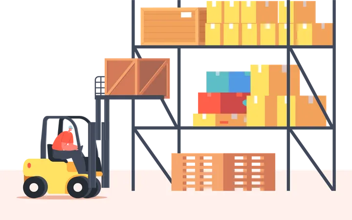 Worker Lifting Cargo on Forklift Machine in Warehouse  Illustration