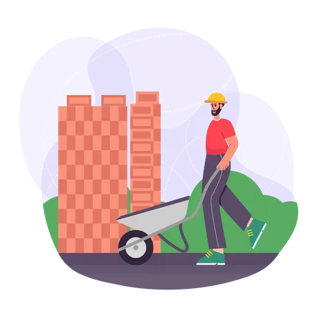 Worker loading bricks on the wheelbarrow  Illustration