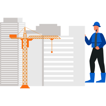 Worker looking at construction building  Illustration