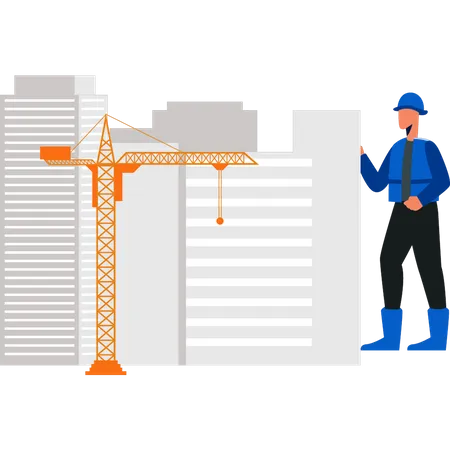 Worker looking at construction building  Illustration