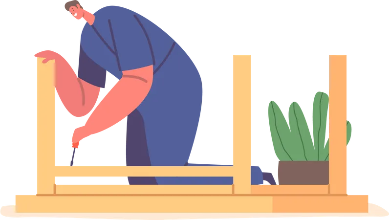 Worker Male Assembling Wooden Table Using Screwdriver Tool  Illustration