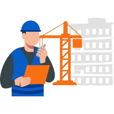 Worker talking on walkie talkie  Illustration