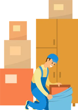 Worker unboxing furniture  Illustration