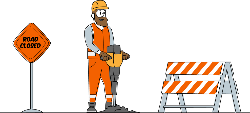 Worker using jackhammer to drill in road  Illustration