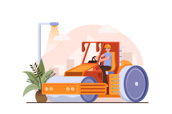 Worker using road roller makes paving on highway or street  Illustration