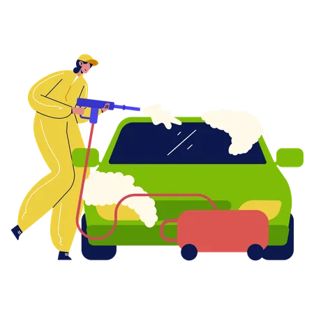 Worker Washing Car  Illustration