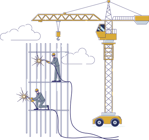 Worker welding construction frame using help of static crane  Illustration