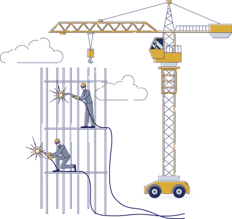 Worker welding construction frame using help of static crane  Illustration