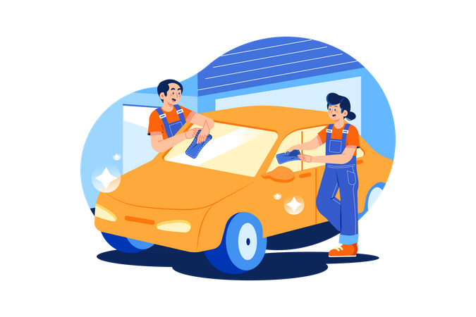 Workers cleaning car  Illustration