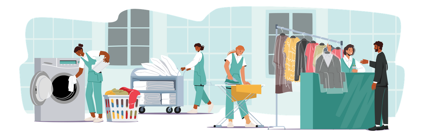 Workers working at laundry store  Illustration