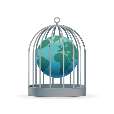 Worldwide quarantine with Earth globe locked in birdcage  Illustration