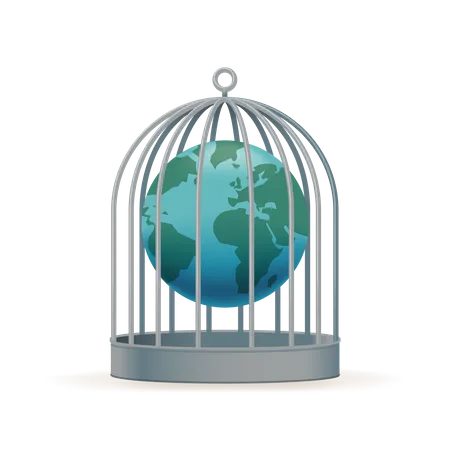 Worldwide quarantine with Earth globe locked in birdcage  Illustration