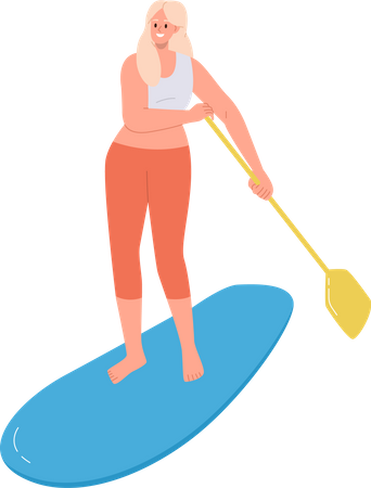 Young active woman standing on supboard paddling  Illustration