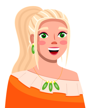 Young blonde smiling woman wear orange cloth with ponytail green accessories  イラスト