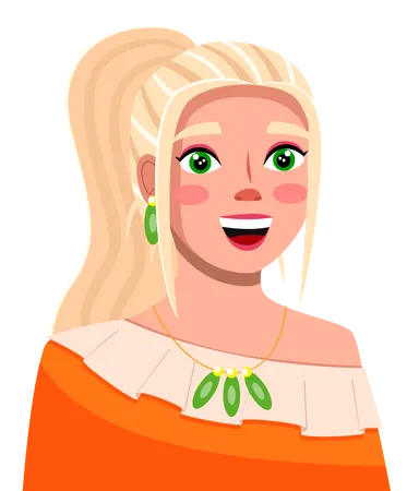 Young blonde smiling woman wear orange cloth with ponytail green accessories  イラスト