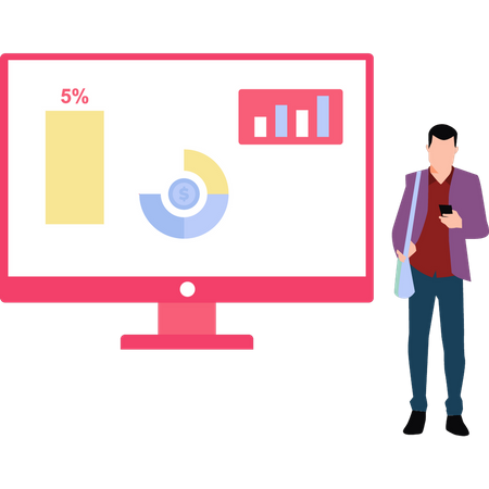 Young boy is using a mobile phone while presenting chart  イラスト