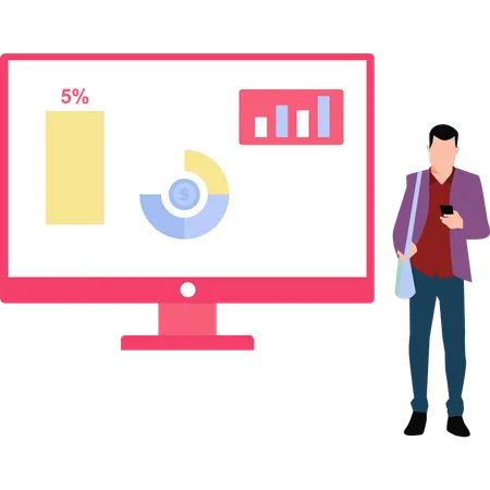 Young boy is using a mobile phone while presenting chart  イラスト