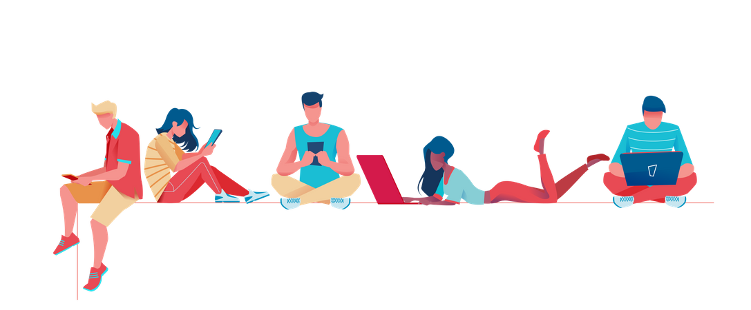 Young Boys and girls using mobile and laptop  Illustration