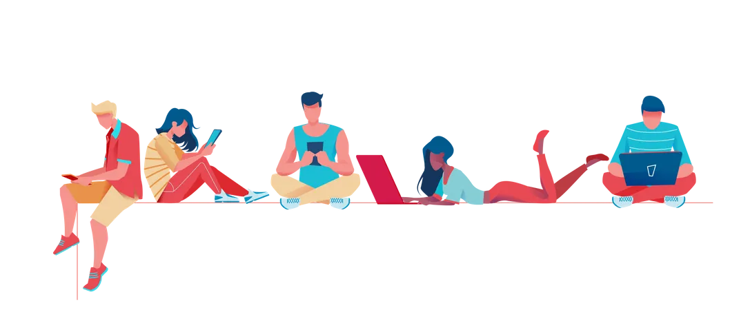 Young Boys and girls using mobile and laptop  Illustration