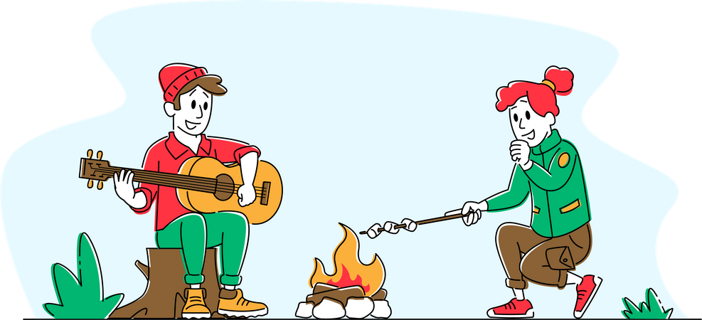 Young Couple Singing Song and  Frying Marshmallow on Camping  Illustration