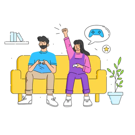 Young Couple Sitting on Sofa Playing Games with Gaming Console  Illustration