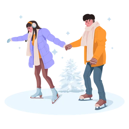 Young couple skating  Illustration