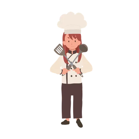 Young Culinary Pro Holding Flipper and Dipper Confident  イラスト