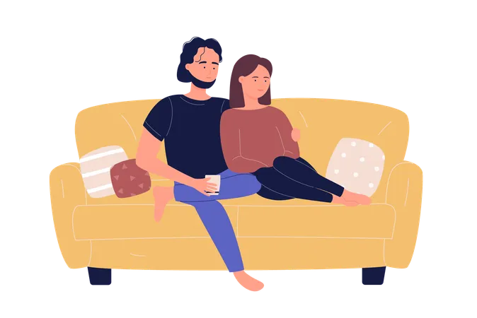 Young family couple sitting on sofa and watching TV movie in living room  Illustration