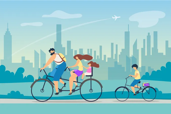 Young Family Riding Bicycles  Illustration