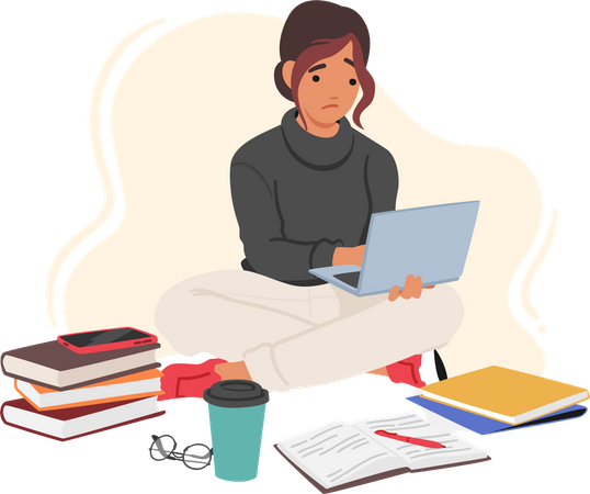 Young girl Sitting On Floor With Laptop And Books  Illustration